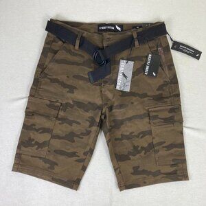 Stone Falcon Men’s Camo Cargo Shorts 30 Slim Fit Belted New With Tags